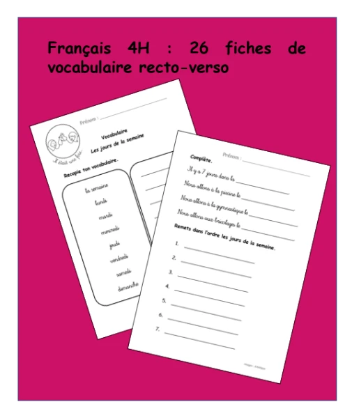 Français 4H - 26 fiches de vocabulaire recto-verso